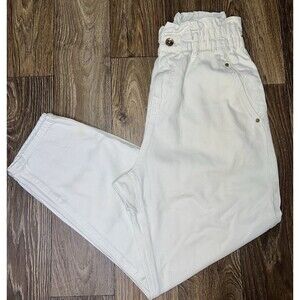Zara White Baggy Coated High Waist Paper Bag Barrel Pants Size 4